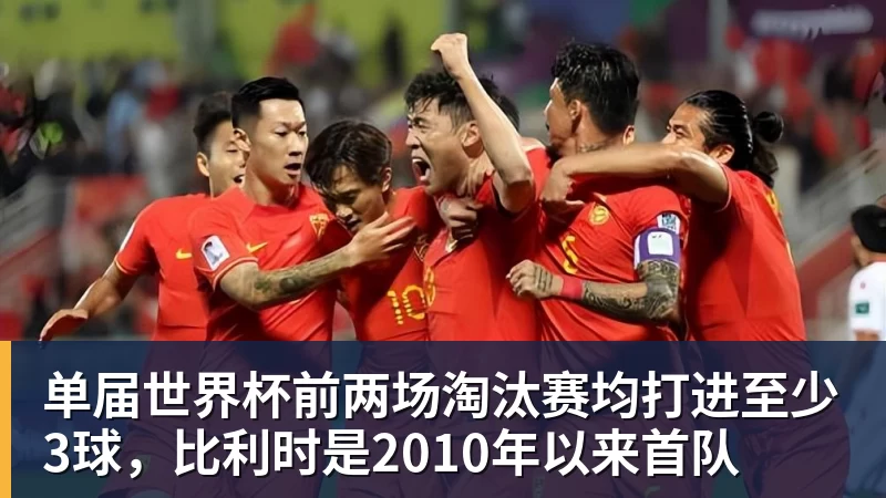 单届世界杯前两场淘汰赛均打进至少3球，比利时是2010年以来首队